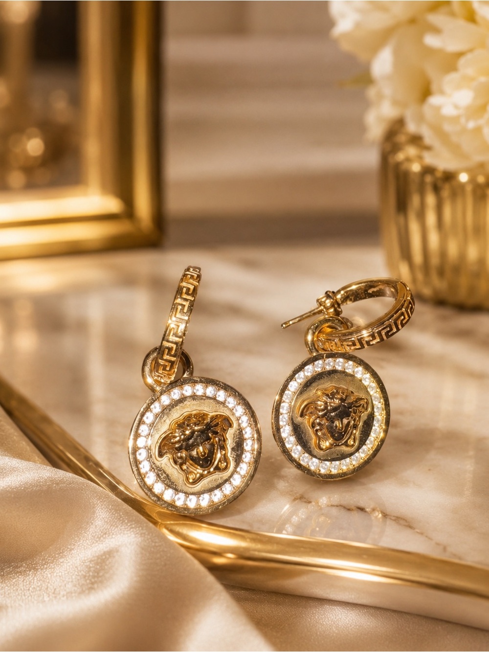 Versace Gold-Tone Medusa Hoop Earrings with Crystal Trim